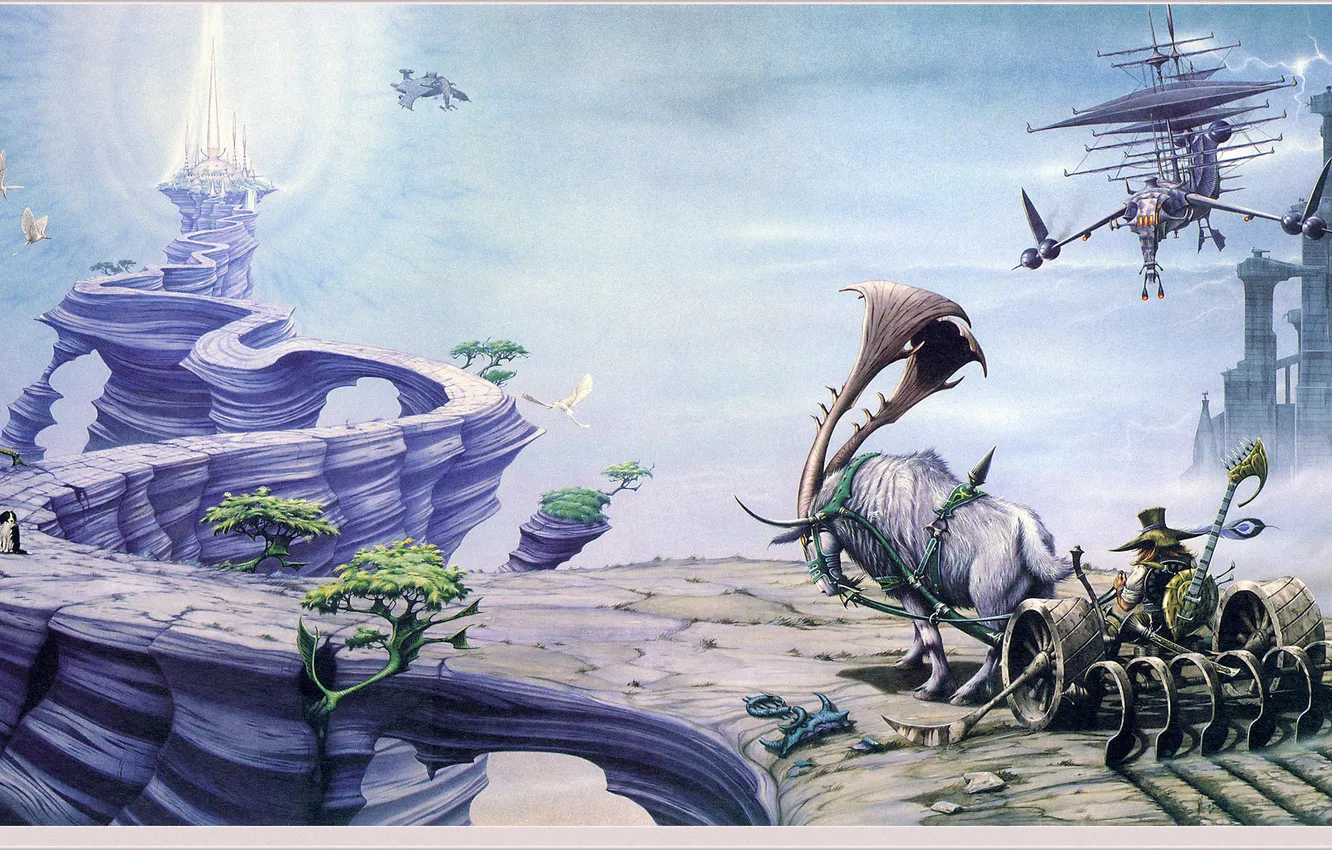 Фото обои замок, фантастика, скалы, повозка, Rodney Matthews, летающий корабль
