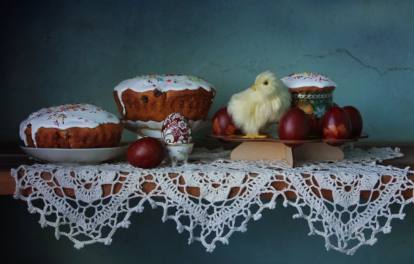 Фото обои яйца, весна, пасха, натюрморт, цыпленок, куличи