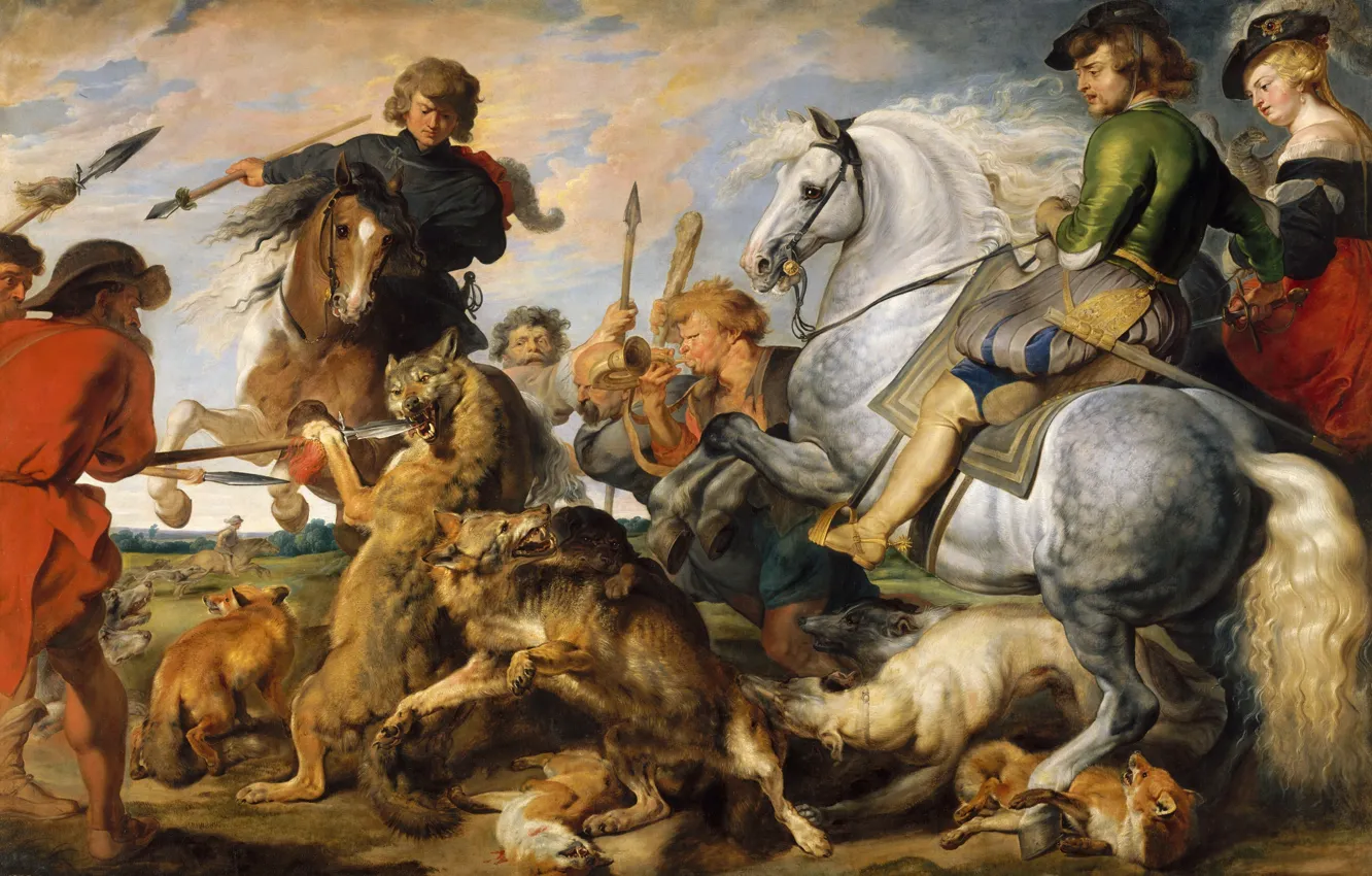 Фото обои картина, жанровая, Питер Пауль Рубенс, Pieter Paul Rubens, Охота на Волков и Лисиц