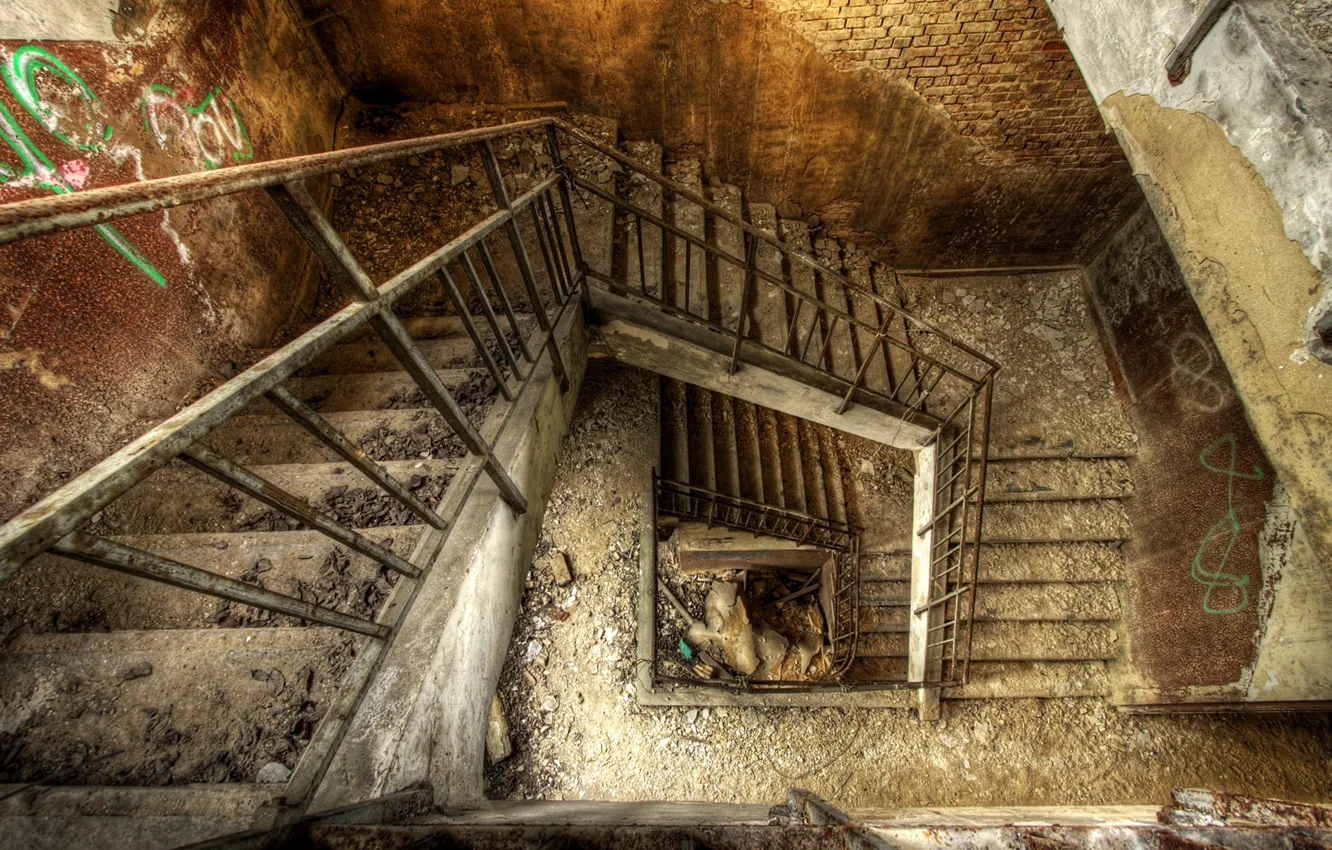 Фото обои dirt, bricks, ruins, staircase, painted walls, rubble