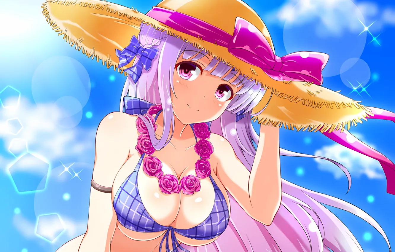 Фото обои girl, sexy, cleavage, pink hair, long hair, hat, boobs, anime