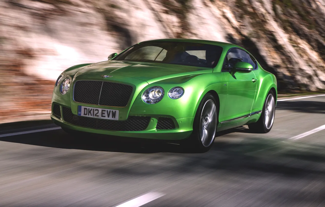 Фото обои Авто, Bentley, Continental, Зеленый, Машина, Асфальт, Передок, В Движении