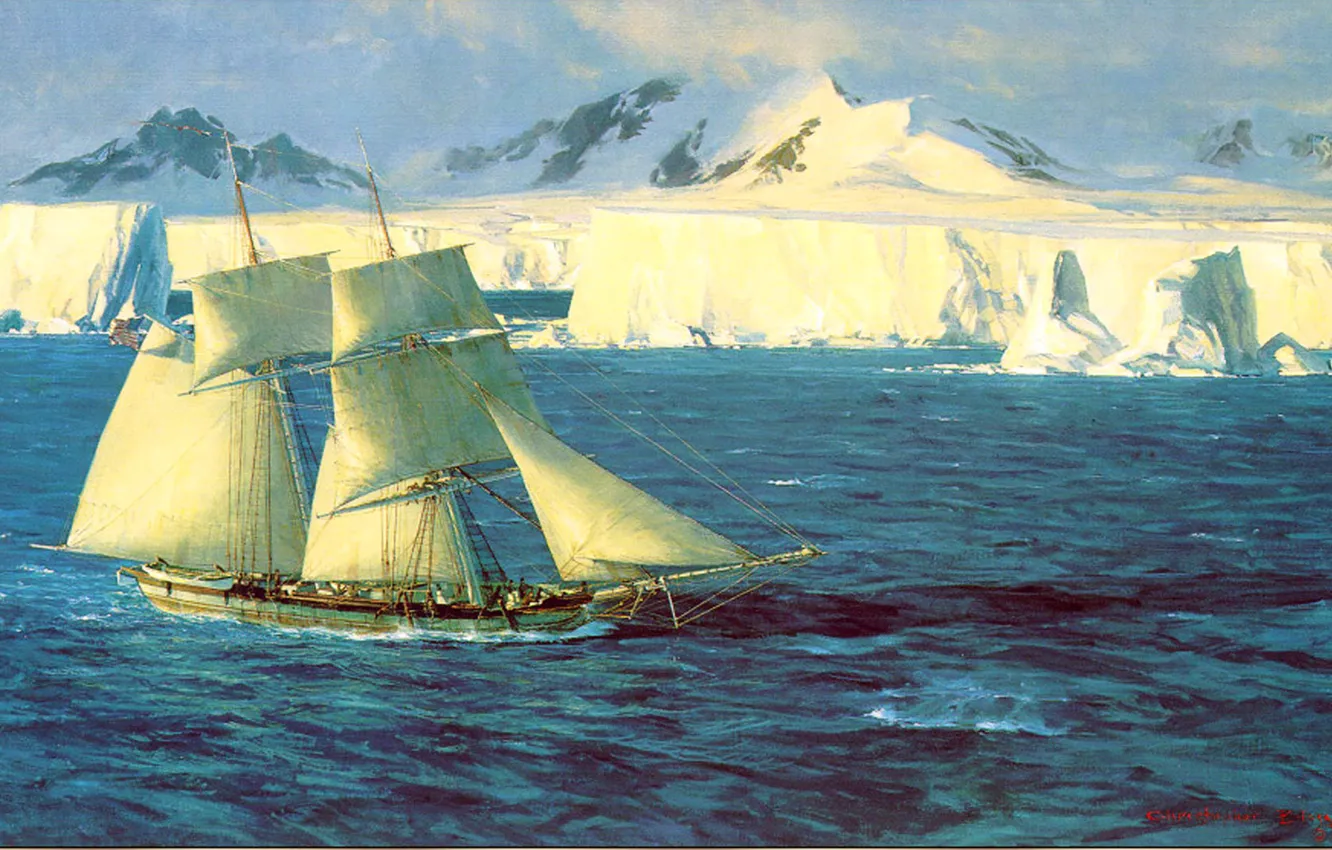 Фото обои лед, море, небо, корабль, парусник, картина, север, Blossom Christopher