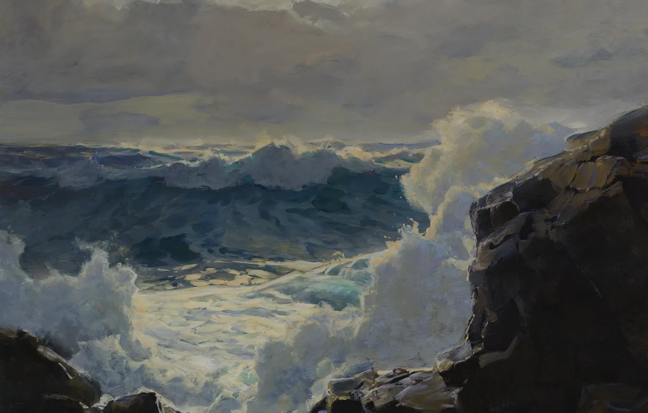 Фото обои море, волны, пена, брызги, тучи, скалы, Frederick Judd Waugh