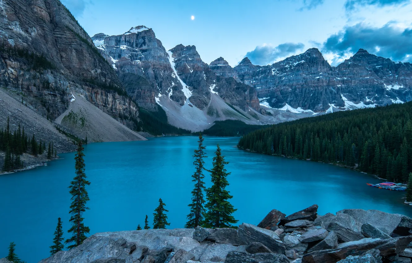 Фото обои лес, горы, озеро, синева, Канада, Альберта, Морейн