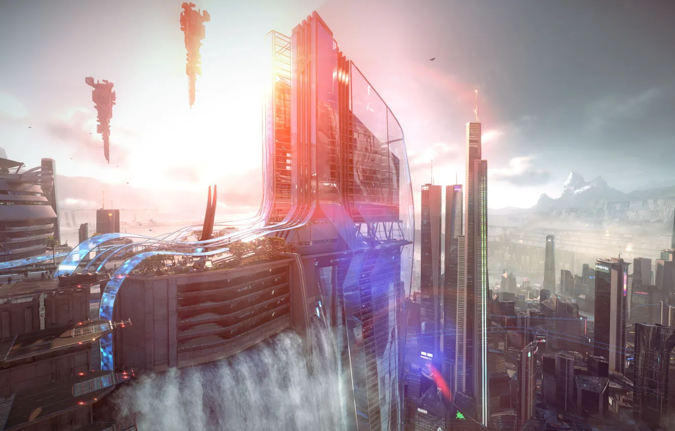 Фото обои свет, город, водопад, дома, мегаполис, Killzone Shadow Fall