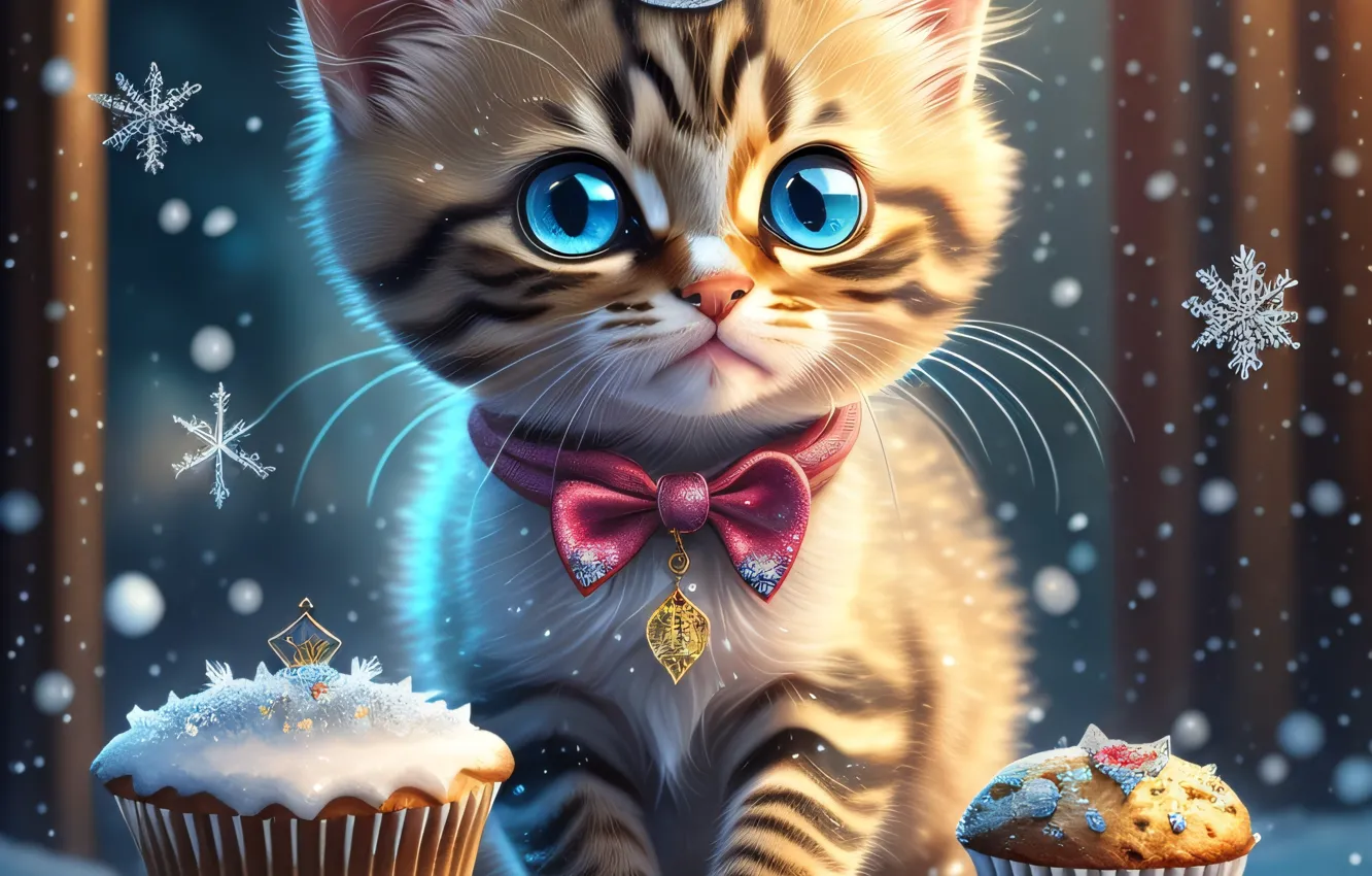Фото обои зима, кошка, глаза, кот, взгляд, снег, снежинки, стиль