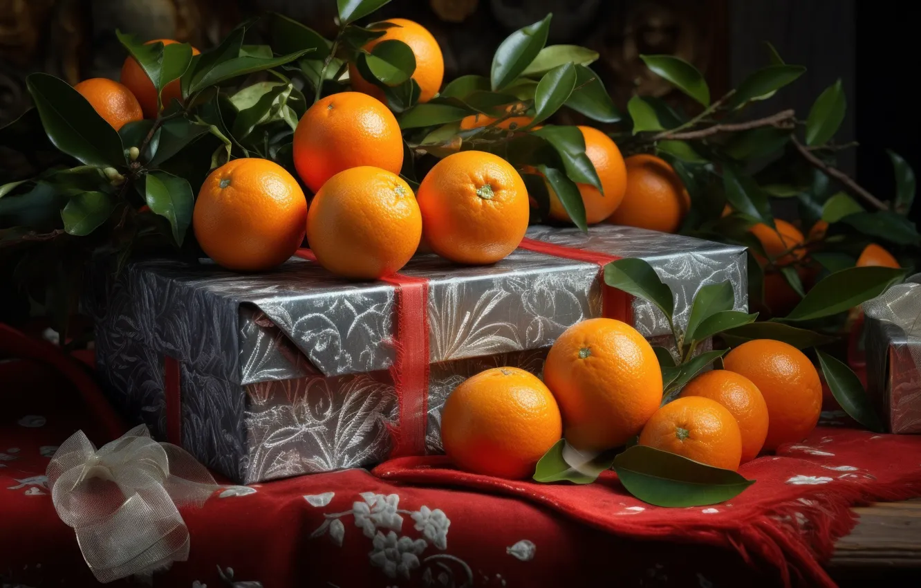 Фото обои листья, ветки, стол, коробка, подарок, апельсины, Рождество, Новый год