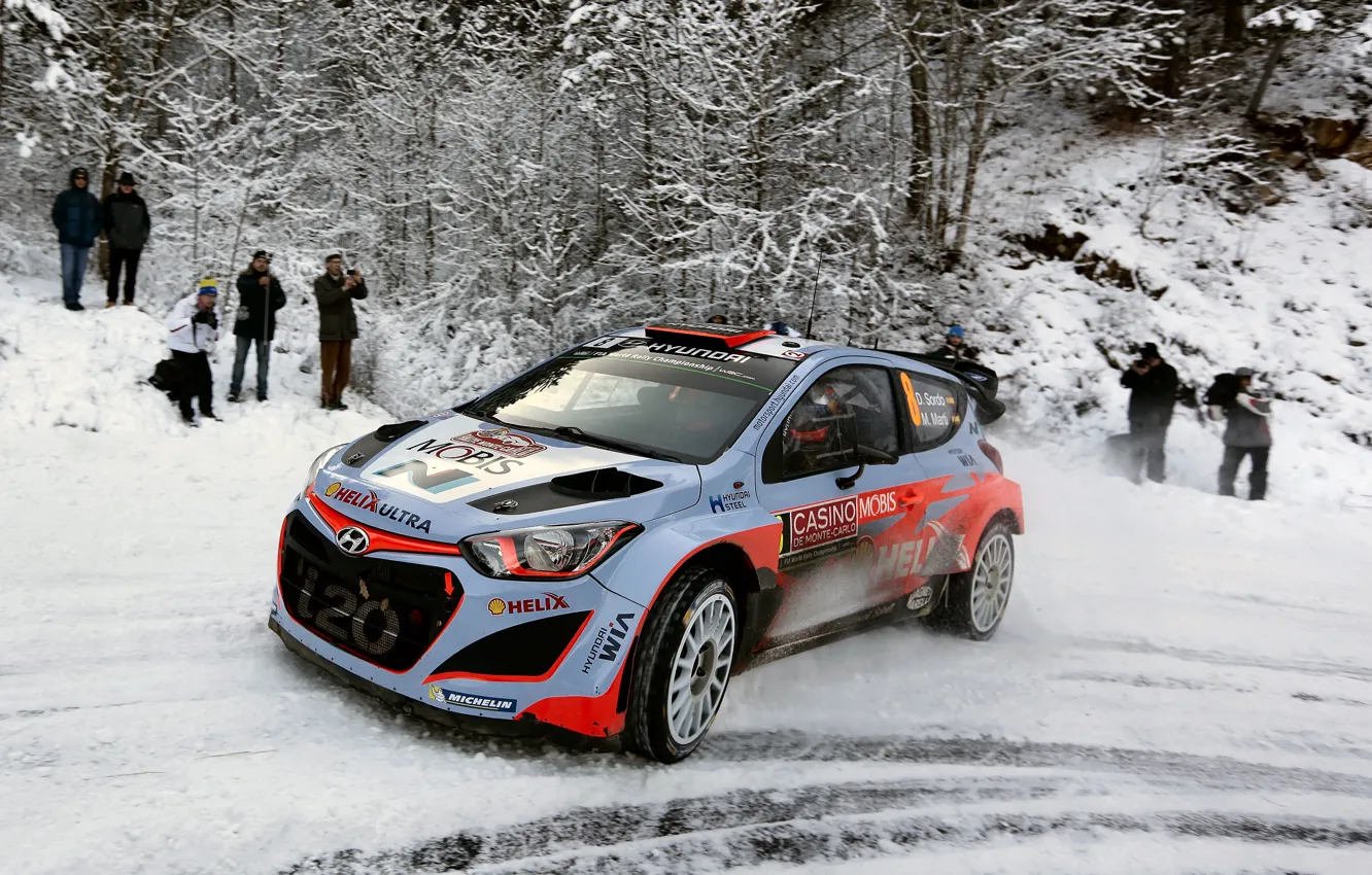 Фото обои Поворот, Hyundai, WRC, Snow, Rally, Monte Carlo, i20, 2015