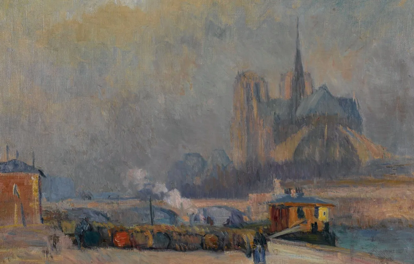 Фото обои картина, городской пейзаж, Альбер-Шарль Лебур, Собор Парижской Богоматери. Вид с Набережной Турне