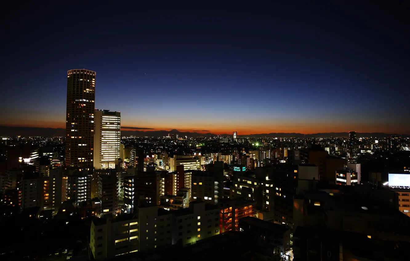 Фото обои небо, горы, ночь, город, япония, дома, токио