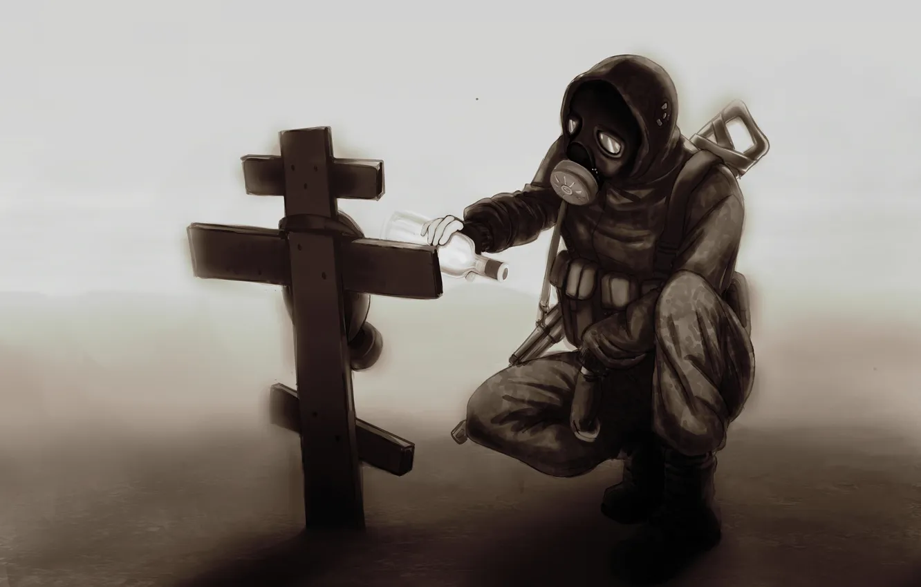 Фото обои soldier, fog, darkness, machine gun, Tomb