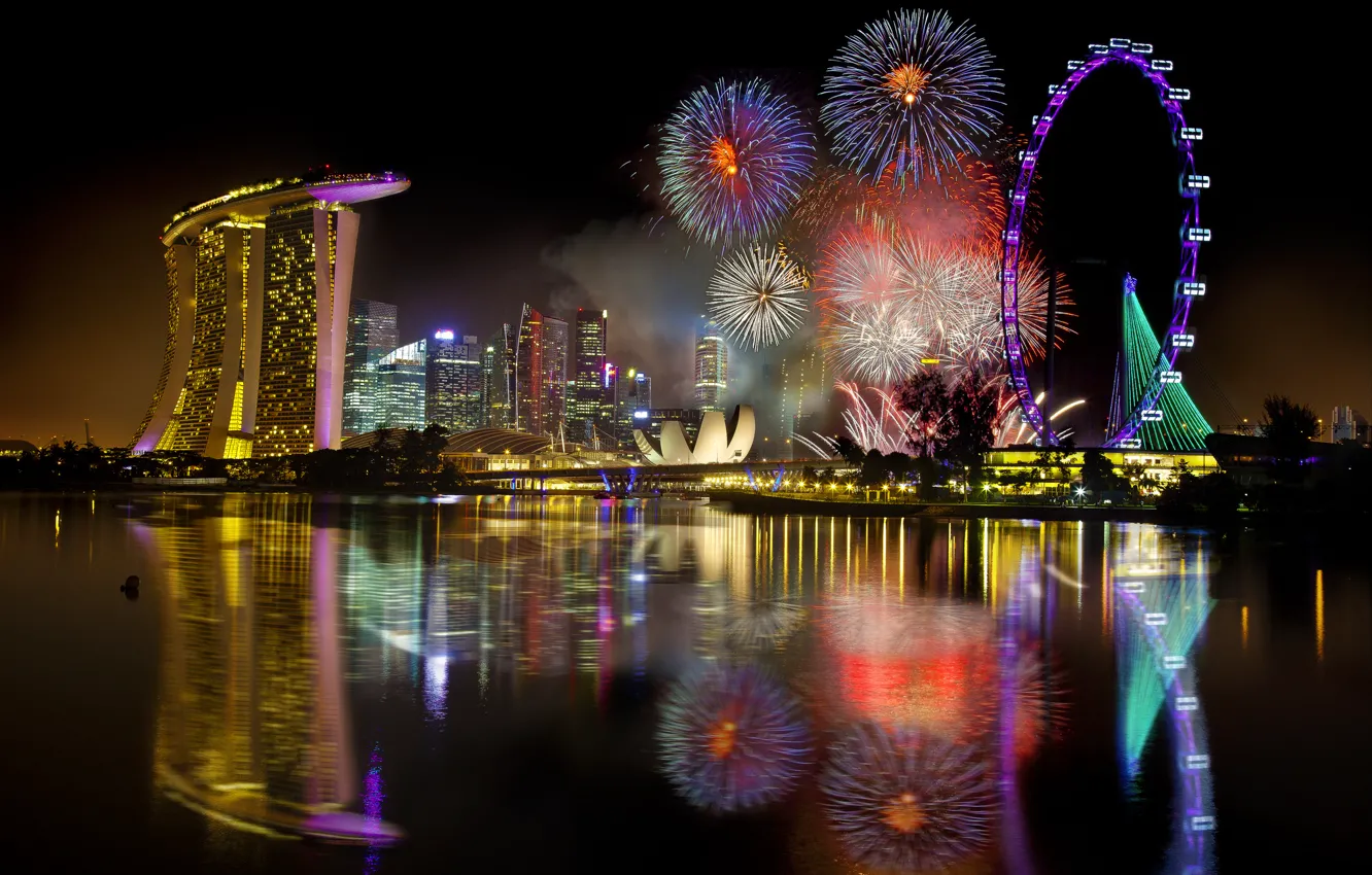 Фото обои ночь, city, город, праздник, салют, Сингапур, фейерверк, Singapore