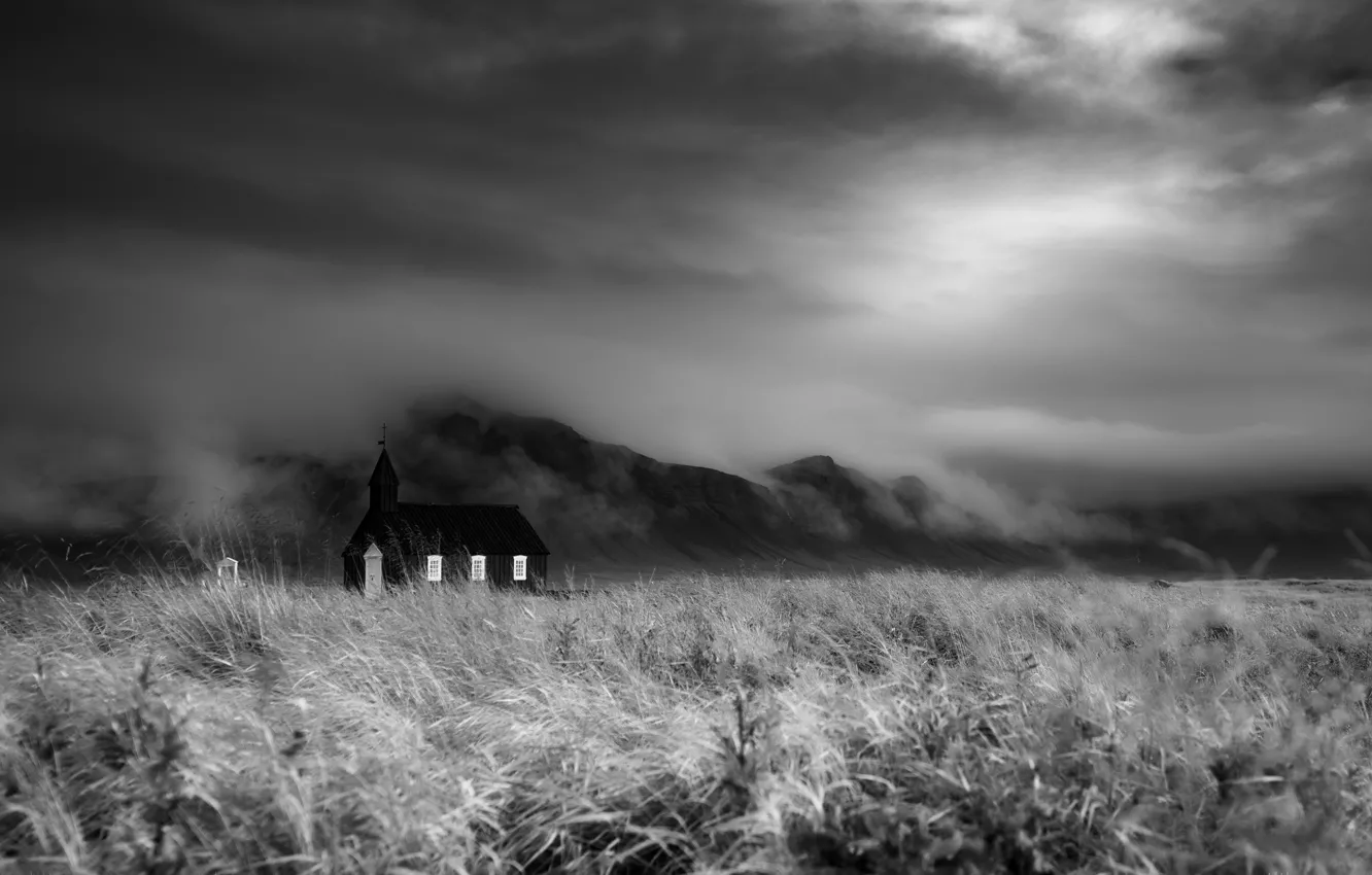 Фото обои поле, туман, храм