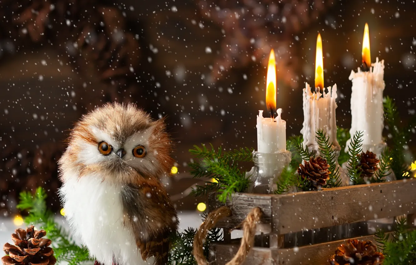 Фото обои новый год, свечи, гирлянда, шишки, совенок, еловые ветки, комозиция, Svetlana Kolpakova