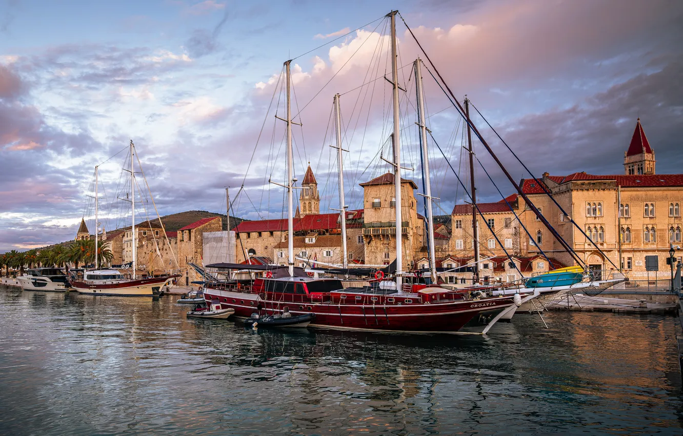 Фото обои причал, Хорватия, парусники, Trogir