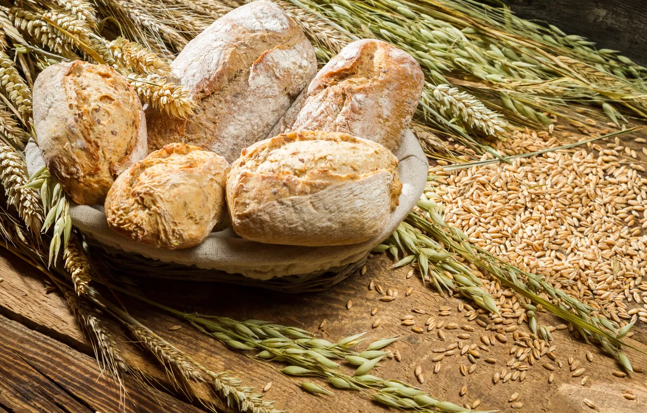 Фото обои пшеница, хлеб, колосья, пшено, выпечка, булочки