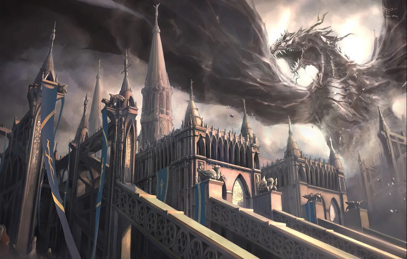 Фото обои замок, дракон, крылья, монстр, арт, пасть, Mark Yang