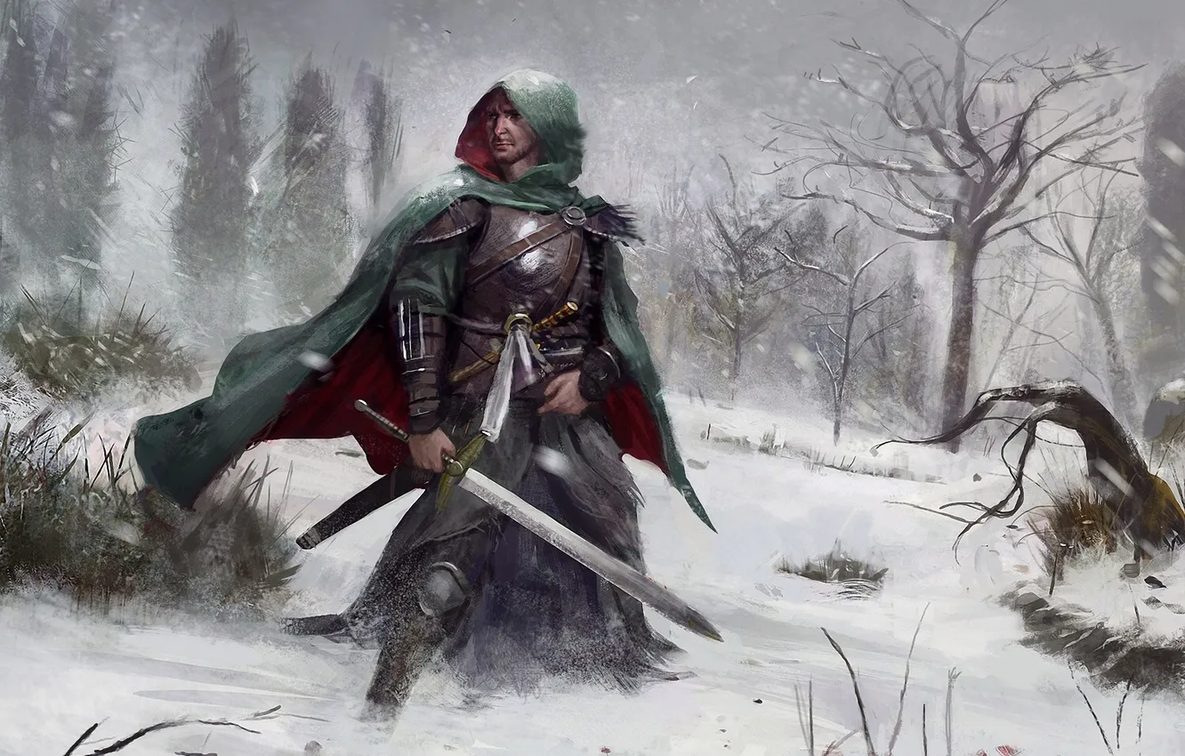 Фото обои зима, лес, снег, человек, меч, доспехи, арт, плащ