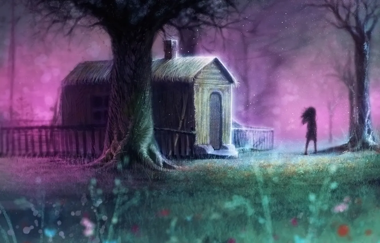 Фото обои пейзаж, дом, дерево, силуэт, арт, moon harvest