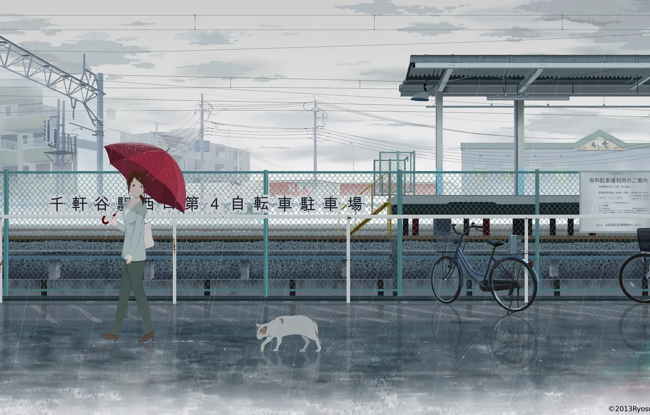 Фото обои кот, девушка, велосипед, дождь, забор, зонт, аниме, арт