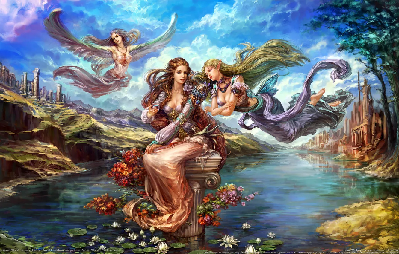 Фото обои цветы, пруд, девушки, эльф, крылья, фея, лотос, forsaken world