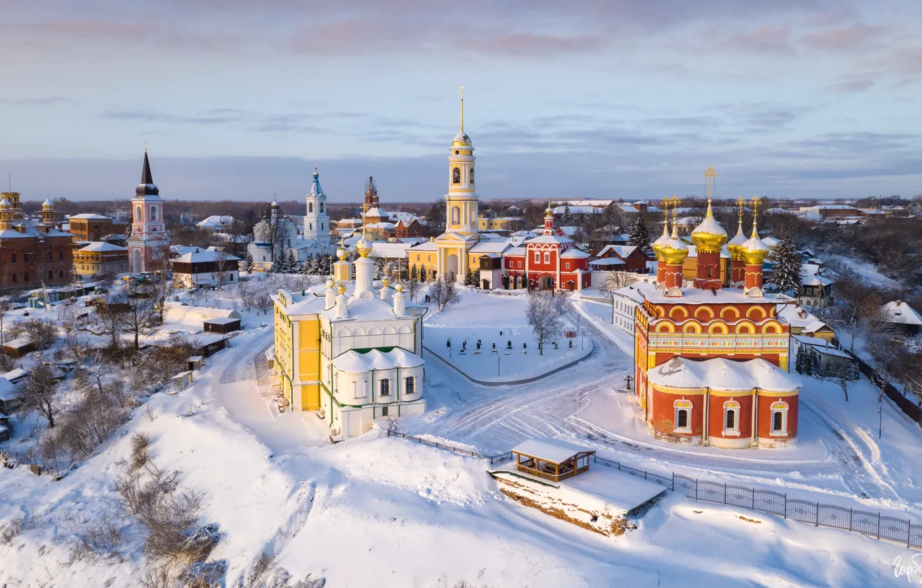 Фото обои зима, снег, пейзаж, город, дома, монастырь, Илья Гарбузов, Белёв