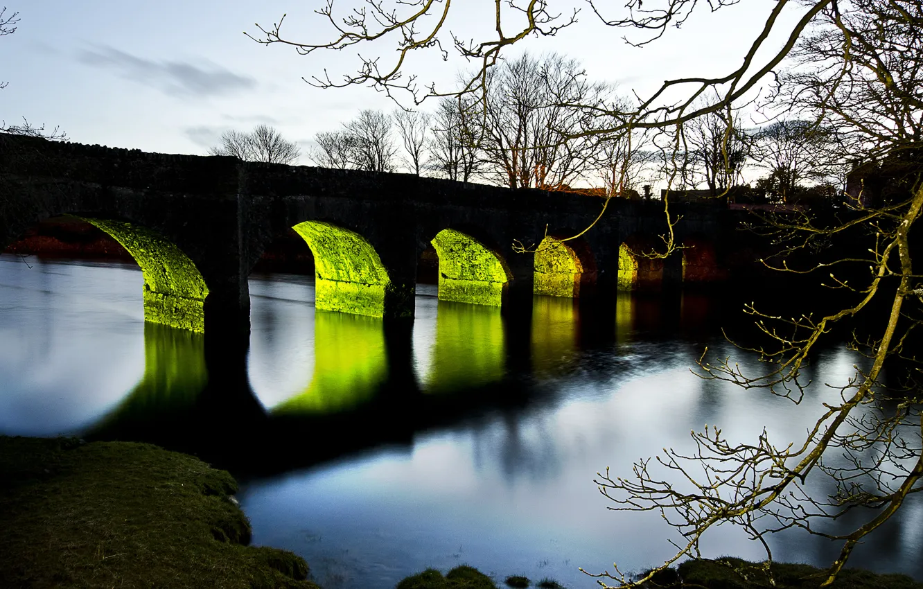 Фото обои закат, мост, река, дерево, ветка, вечер, подсветка, арки