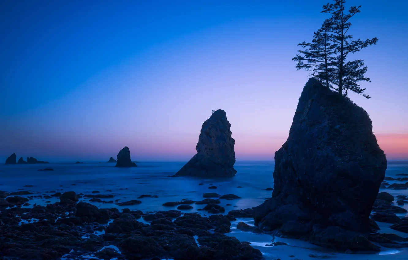 Фото обои море, закат, скалы, Washington State, Штат Вашингтон, Clallam Bay, Shi Shi Beach, Залив Клаллам