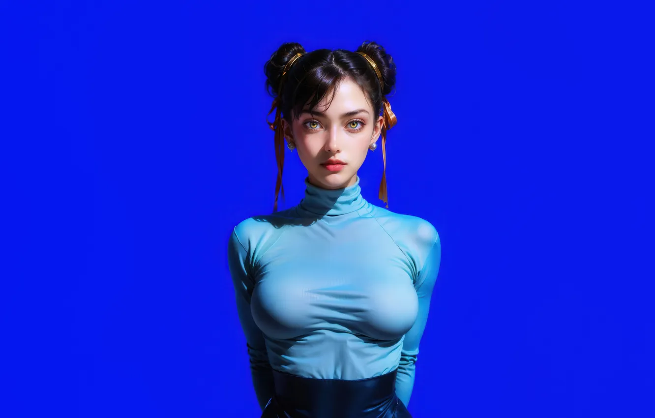 Фото обои Girl, Anime, Blue Background, Black Hair, Anime Girl, AI Art, AI Generated