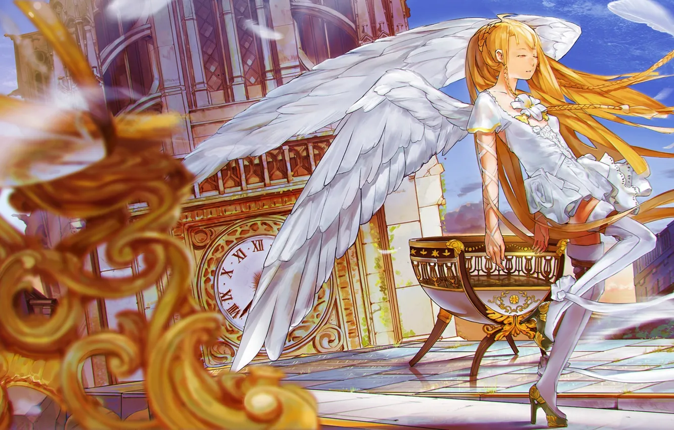 Фото обои цветок, небо, девушка, облака, часы, крылья, ангел, чаша