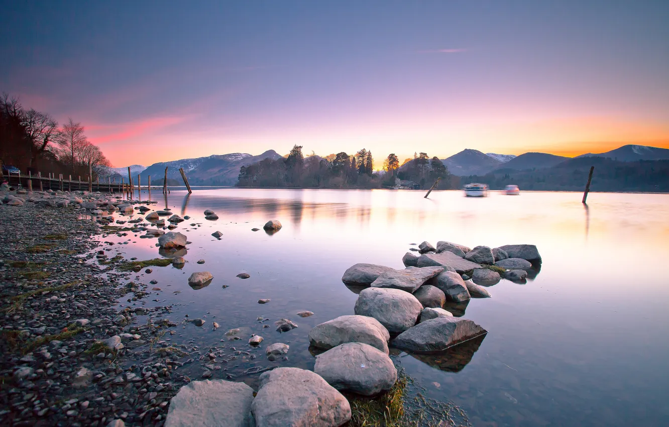 Фото обои горы, озеро, камни, рассвет