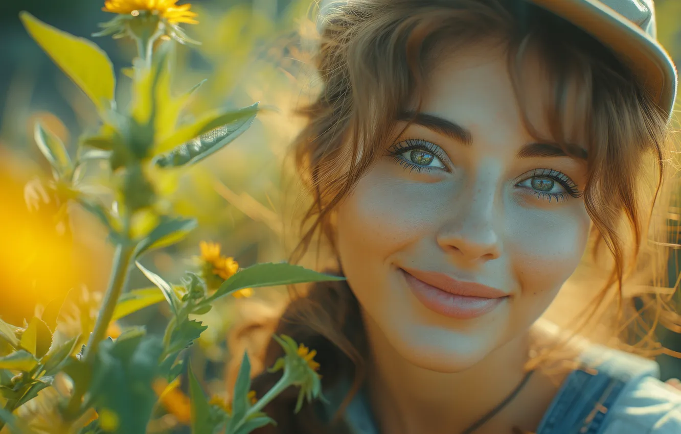 Фото обои Цветы, Девушка, Поле, Взгляд, Улыбка, Цифровое искусство, Крупным планом, ИИ-арт
