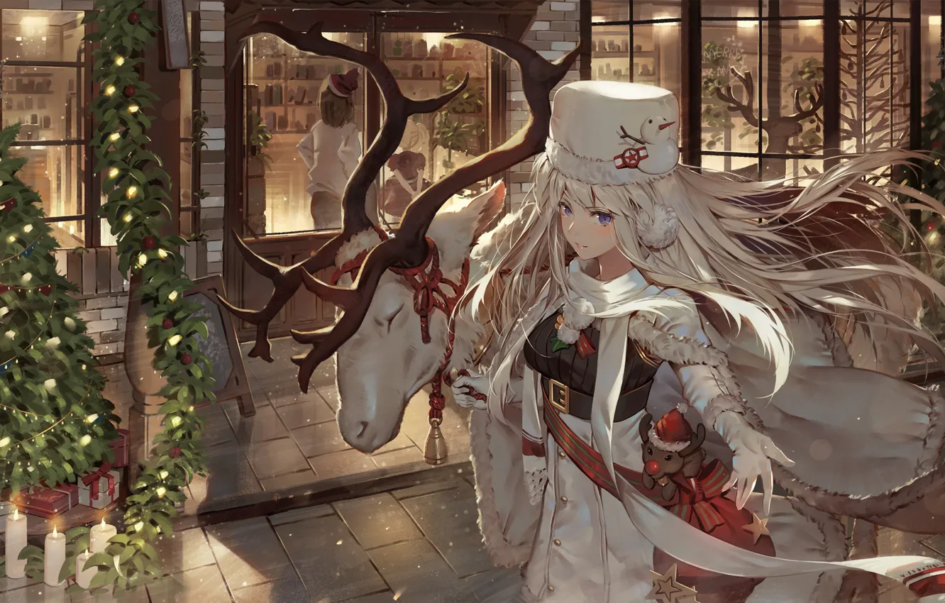 Фото обои девушка, город, елки, олень, Рождество, Enterprise, Azur Lane