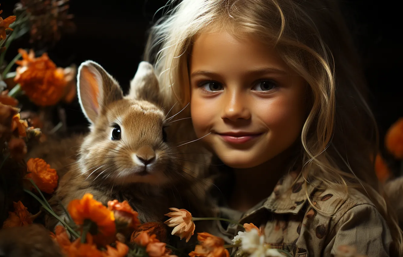 Фото обои взгляд, цветы, заяц, портрет, кролик, девочка, ИИ-арт, нейросеть