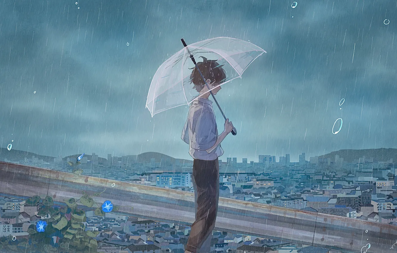 Фото обои город, дождь, зонт, мальчик