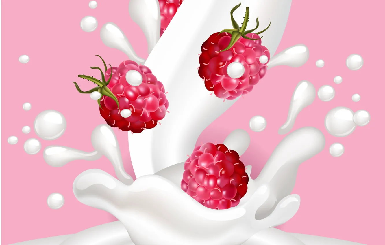 Фото обои ягоды, малина, фон, всплеск, молоко