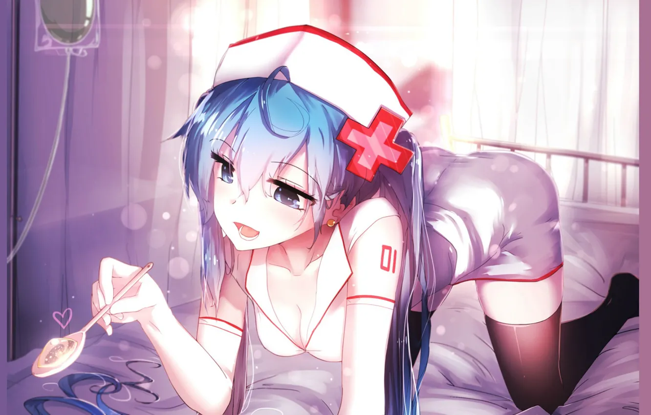 Фото обои кровать, чулки, ложка, vocaloid, медсестра, Hatsune Miku, голубые волосы, головной убор