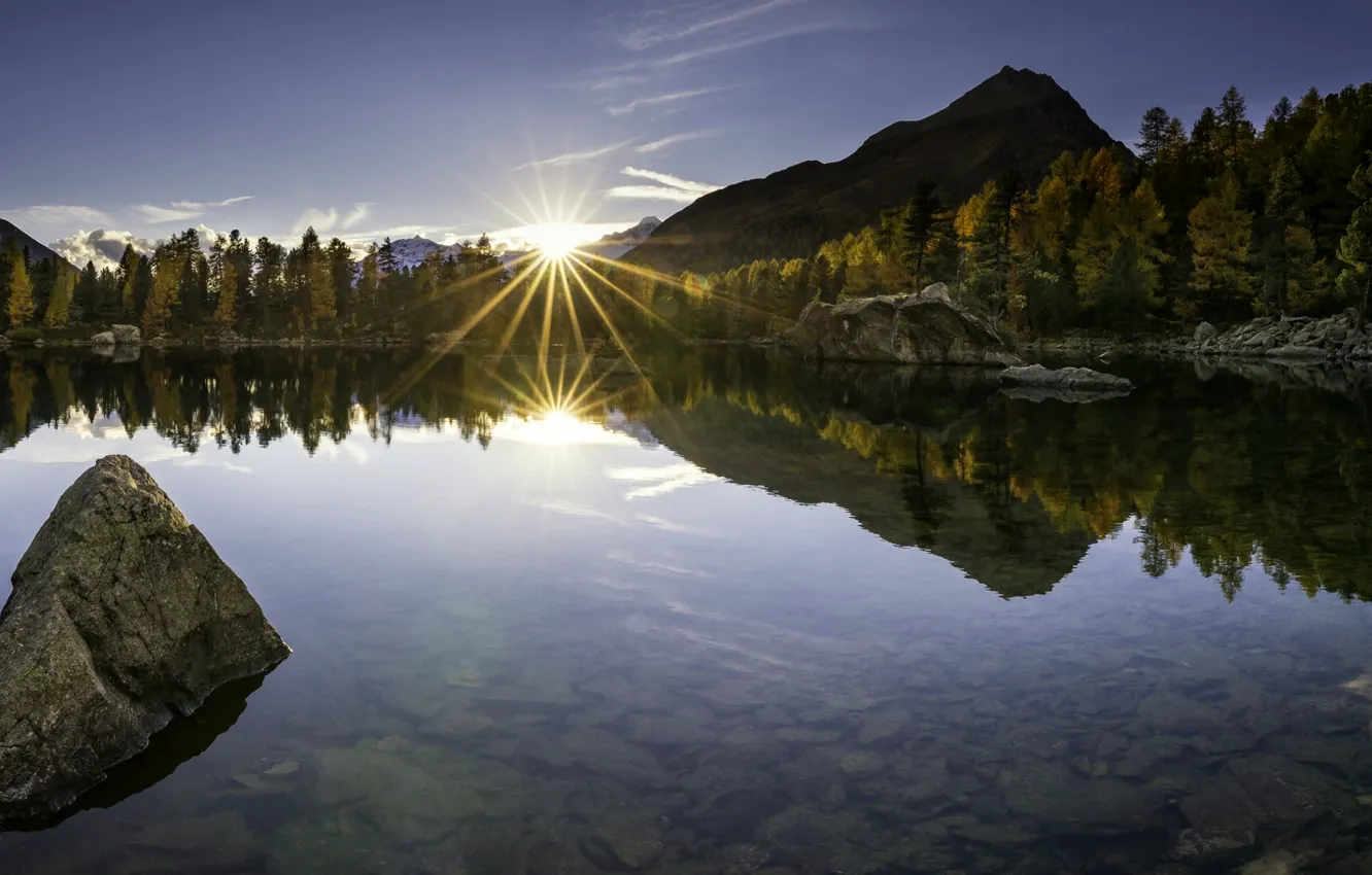 Фото обои осень, закат, горы, озеро, отражение, камни, дно, Switzerland