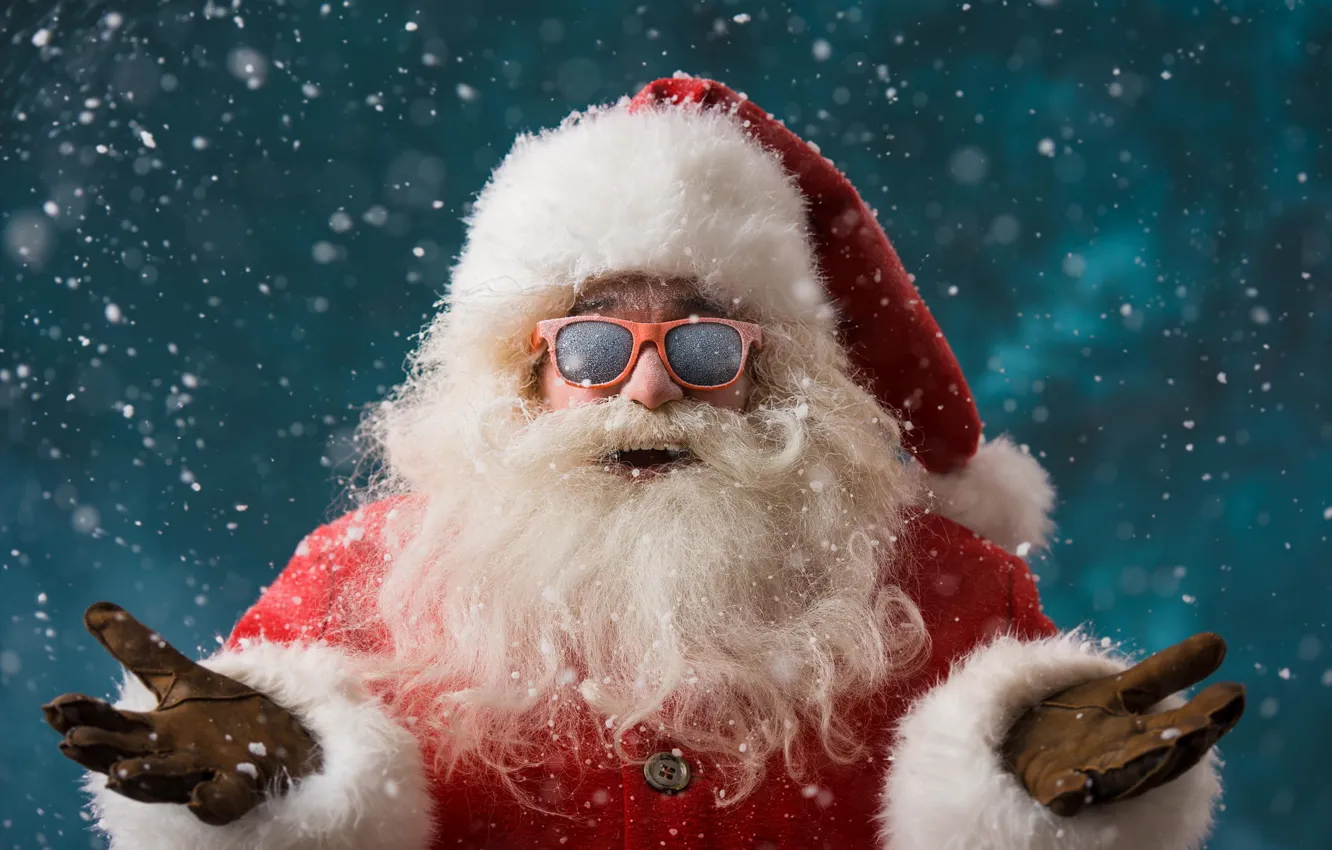 Фото обои Новый Год, очки, Рождество, мех, борода, Санта Клаус, Дед Мороз, Christmas