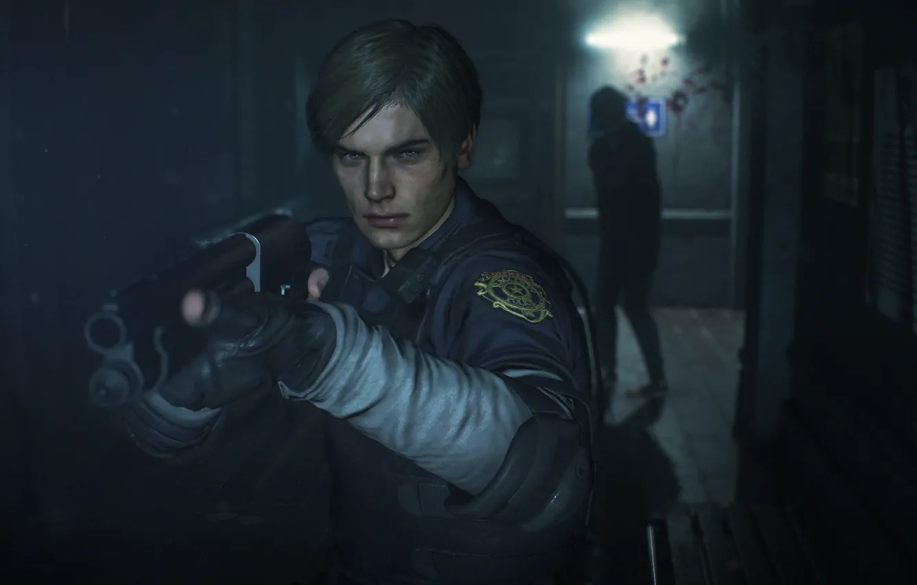 Фото обои зомби, мужчина, дробовик, Leon Scott Kennedy, Леон Скотт Кеннеди, Resident Evil 2 Remake