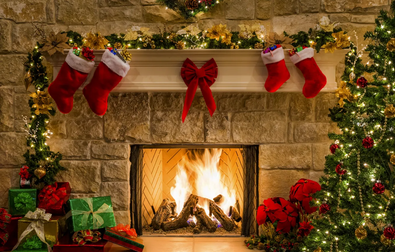 Фото обои украшения, lights, огни, дерево, огонь, праздник, fire, камин