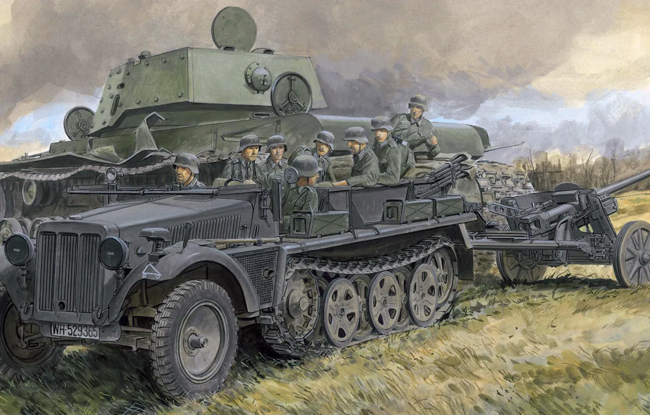 Фото обои рисунок, арт, подбитый, Вторая мировая война, вездеход, Клим Ворошилов, советский тяжёлый танк, SdKfz 10
