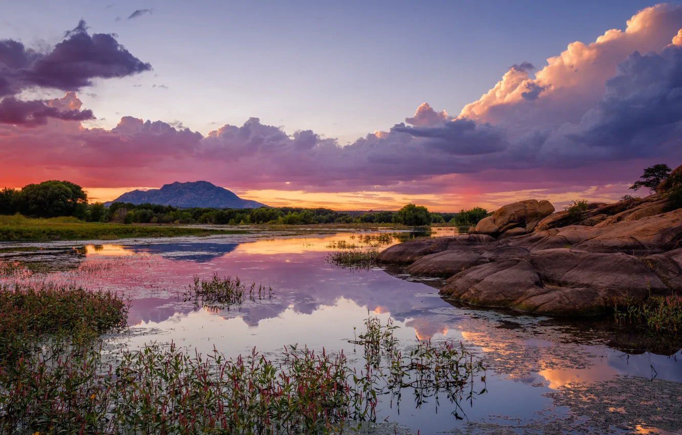 Фото обои закат, озеро, вечер, США, Prescott, Willow Lake