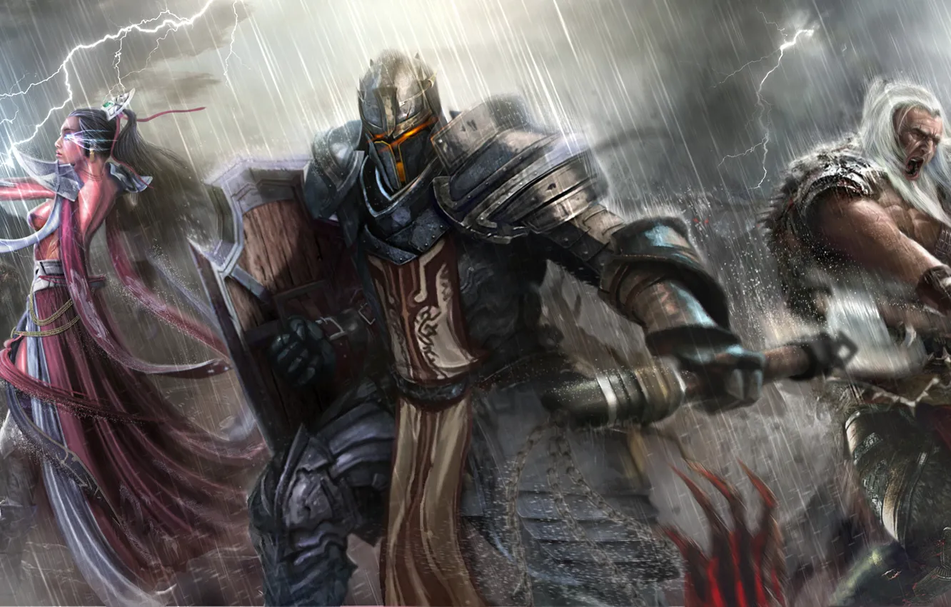 Фото обои оружие, дождь, воин, арт, монстры, маг, битва, Diablo III