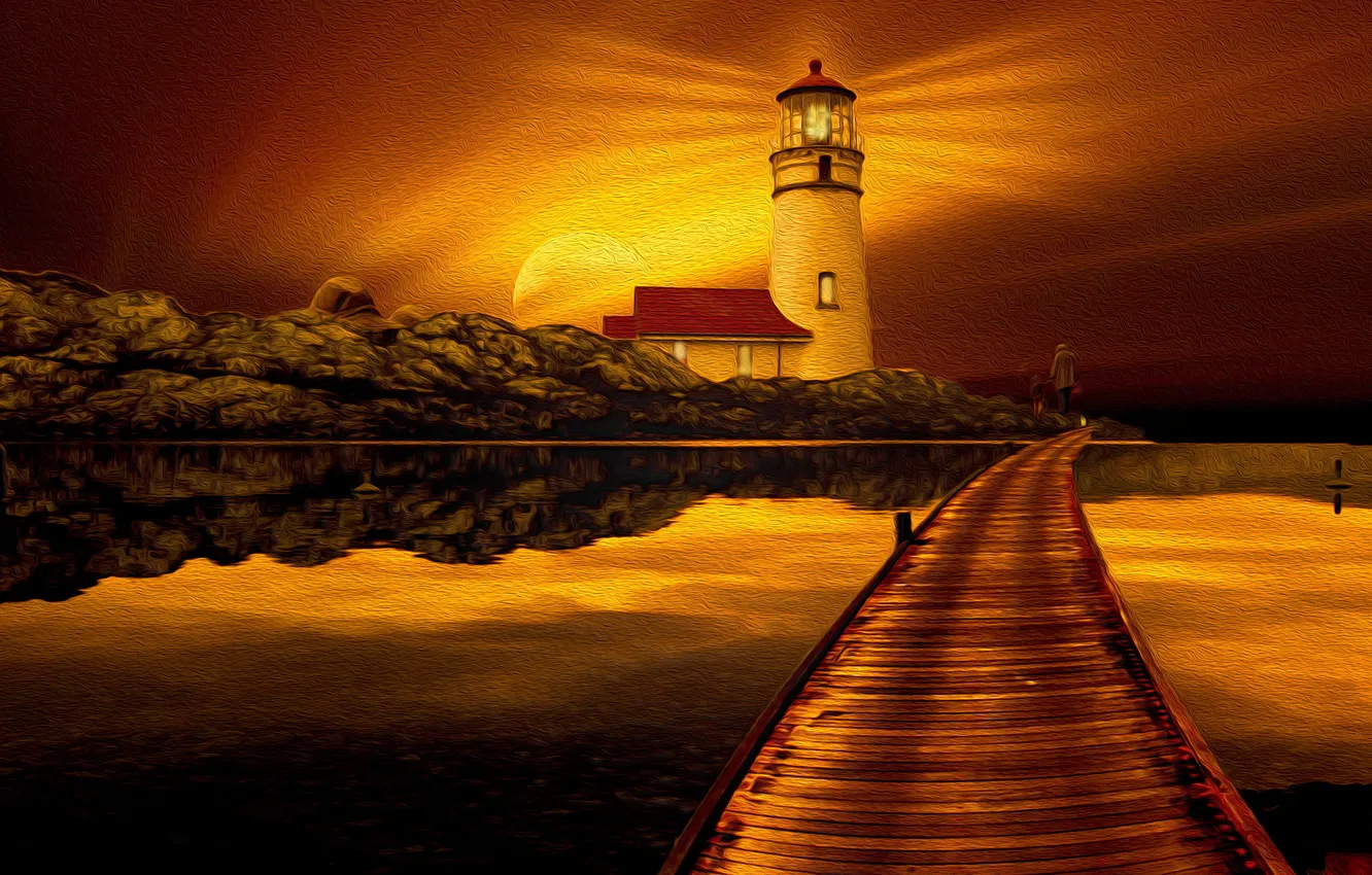 Фото обои пейзаж, закат, маяк