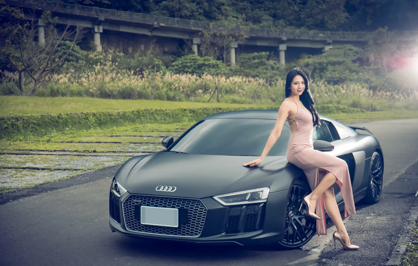 Фото обои авто, взгляд, Девушки, Audi R8, красивая девушка, Jasmine, позирует над машиной, азиака