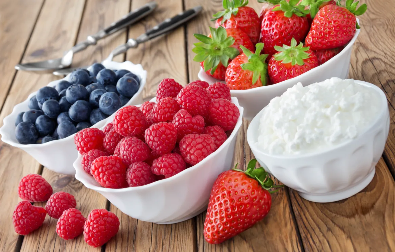 Фото обои ягоды, малина, черника, клубника, fresh, strawberry, blueberry, творог