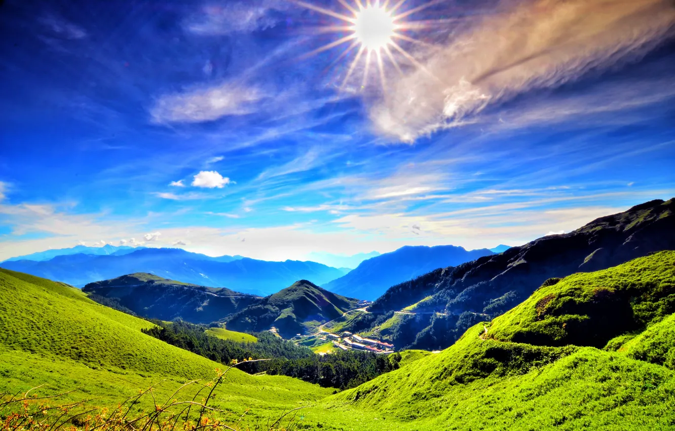 Фото обои China, Горы, Китай, mountains, sun