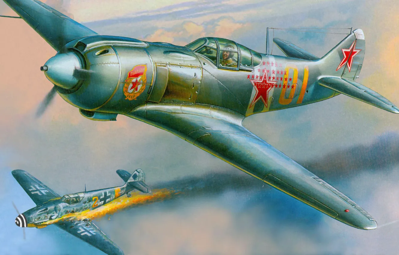 Фото обои пожар, огонь, бой, Messerschmitt, капут, лавочкин, Ла-5ФН, Bf.109G